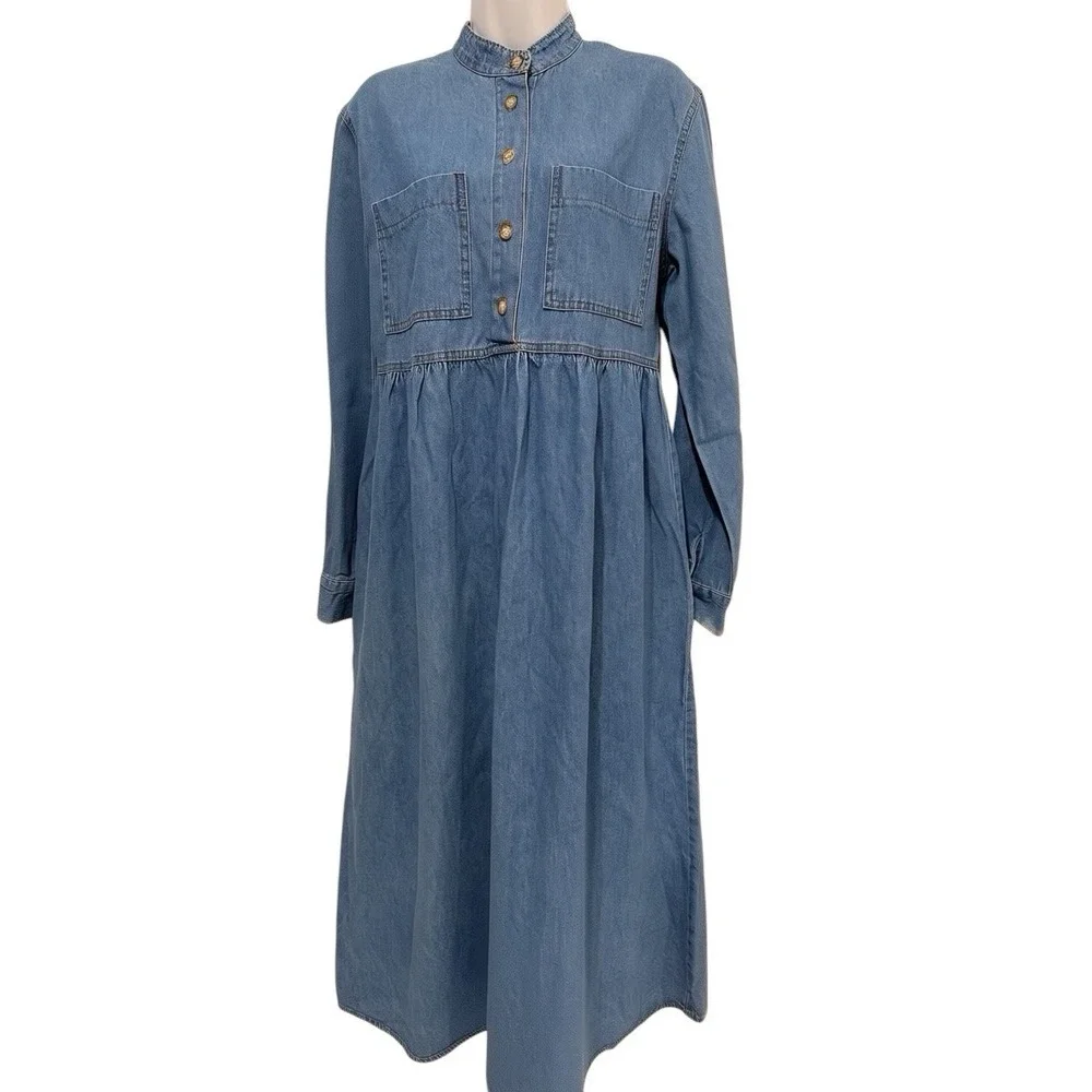 Studio Ease Denim Midi Dress 12‎ Button Cottagecore Minimalist Pockets Relaxed